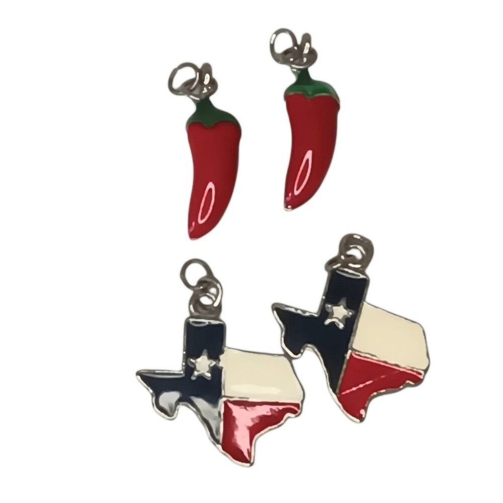 Two Texas Flag Charms & Two Red Chili Pepper Charms Silver Tone Enamel Bracelet